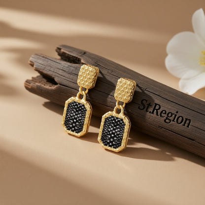 Gold-Plated and Black Snake-Print Square Drop Earrings, gold drop earrings for women, vintage-inspired design, front view
