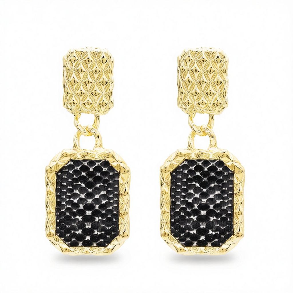 Gold-Plated and Black Snake-Print Square Drop Earrings, gold drop earrings for women, vintage-inspired design, side view