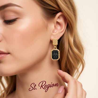 Gold-Plated and Black Snake-Print Square Drop Earrings, gold drop earrings for women, vintage-inspired design, styled look