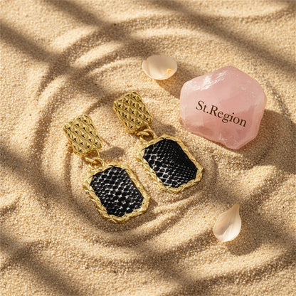 Gold-Plated and Black Snake-Print Square Drop Earrings, gold drop earrings for women, detail close-up