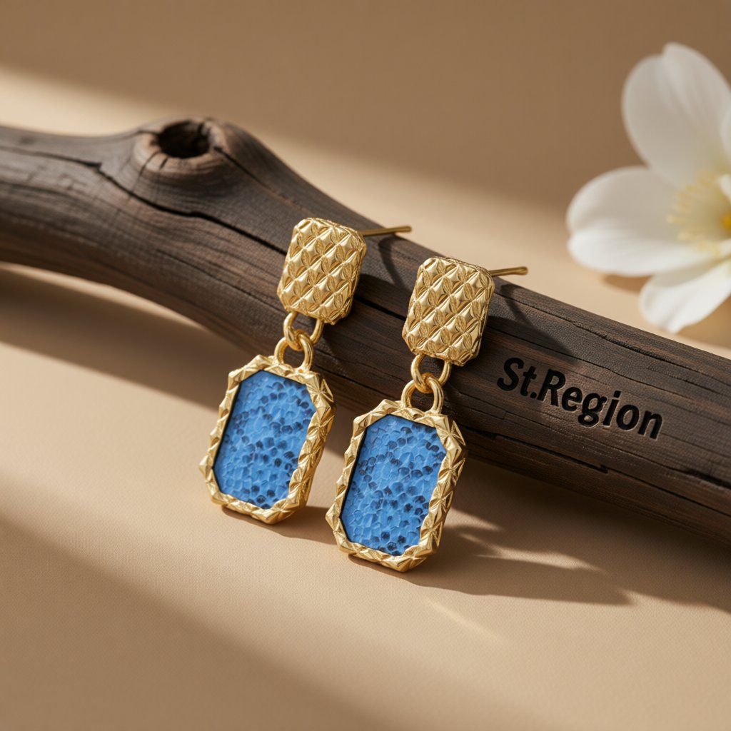 Gold-Plated and Blue Snake-Print Square Drop Earrings, gold drop earrings for women, everyday style, front view