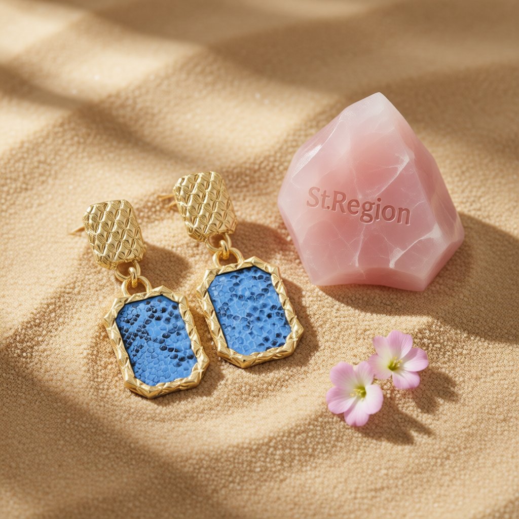 Gold-Plated and Blue Snake-Print Square Drop Earrings, gold drop earrings for women, everyday style, detail close-up