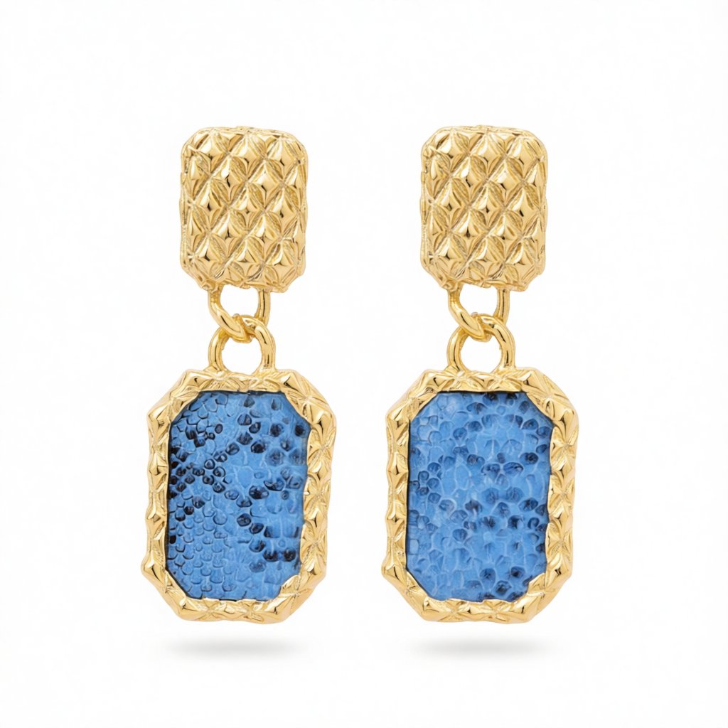 Gold-Plated and Blue Snake-Print Square Drop Earrings, gold drop earrings for women, everyday style, side view