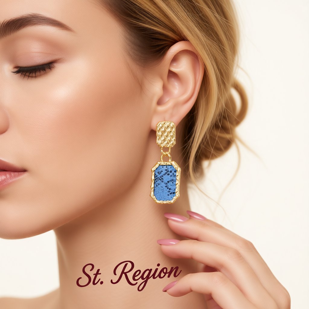 Gold-Plated and Blue Snake-Print Square Drop Earrings, gold drop earrings for women, everyday style, styled look