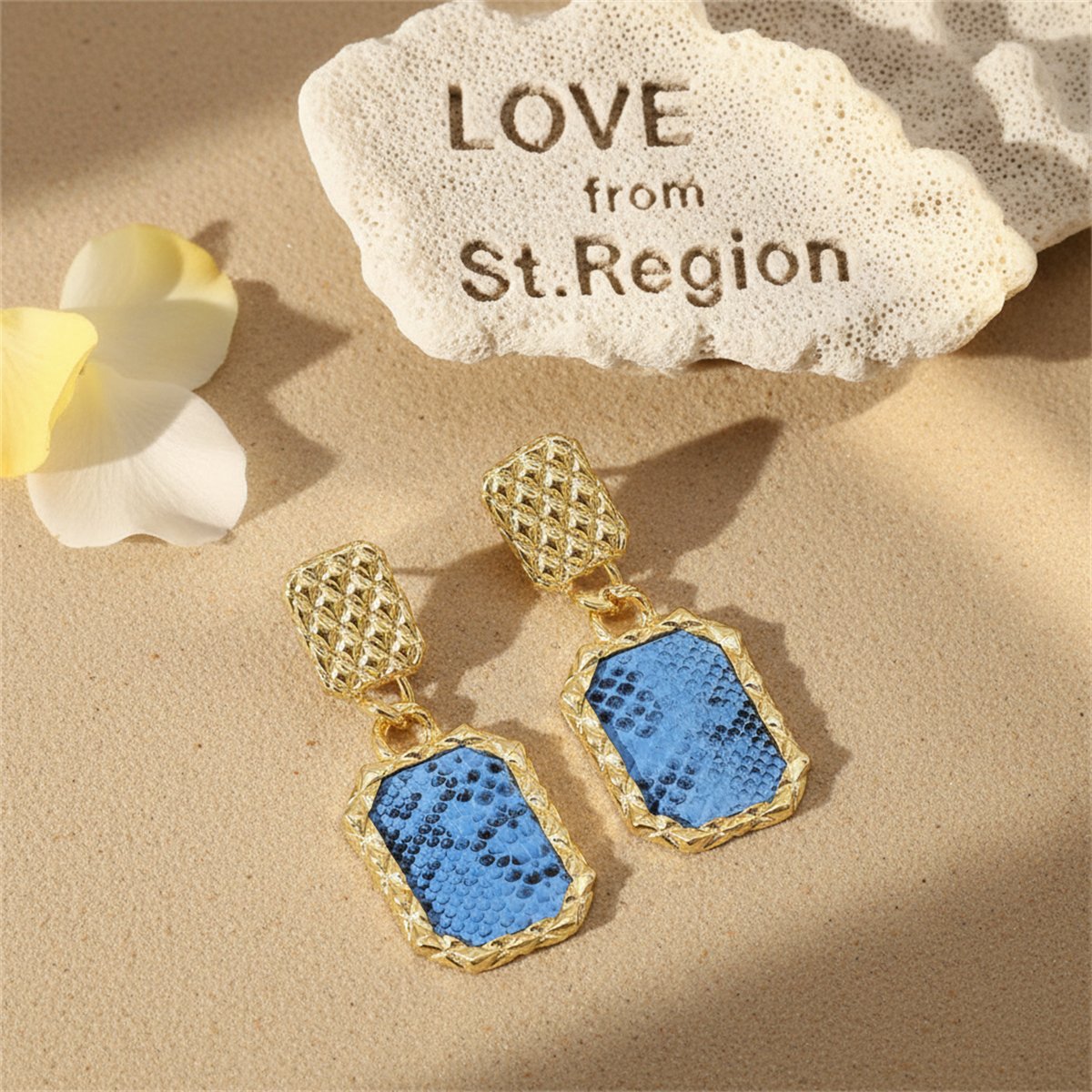 Gold-Plated and Blue Snake-Print Square Drop Earrings, gold drop earrings for women, everyday style, lifestyle look