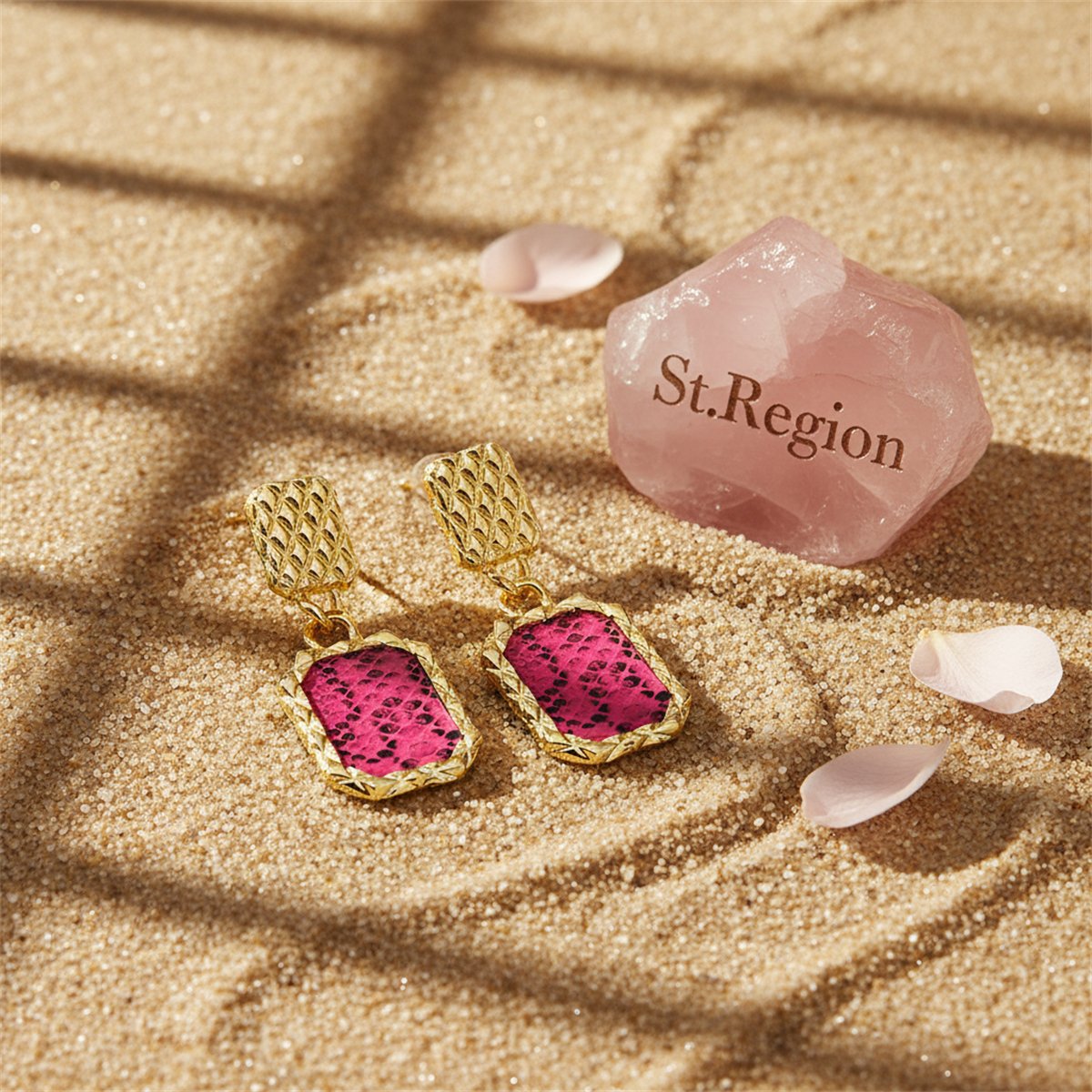Gold-Plated and Rose Snake-Print Square Drop Earrings, gold drop earrings for women, elegant gift for her, detail close-up