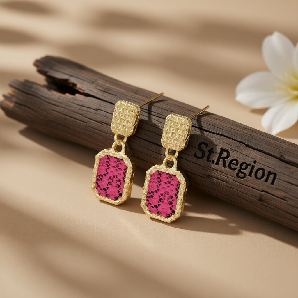 Gold-Plated and Rose Snake-Print Square Drop Earrings, gold drop earrings for women, elegant gift for her, front view