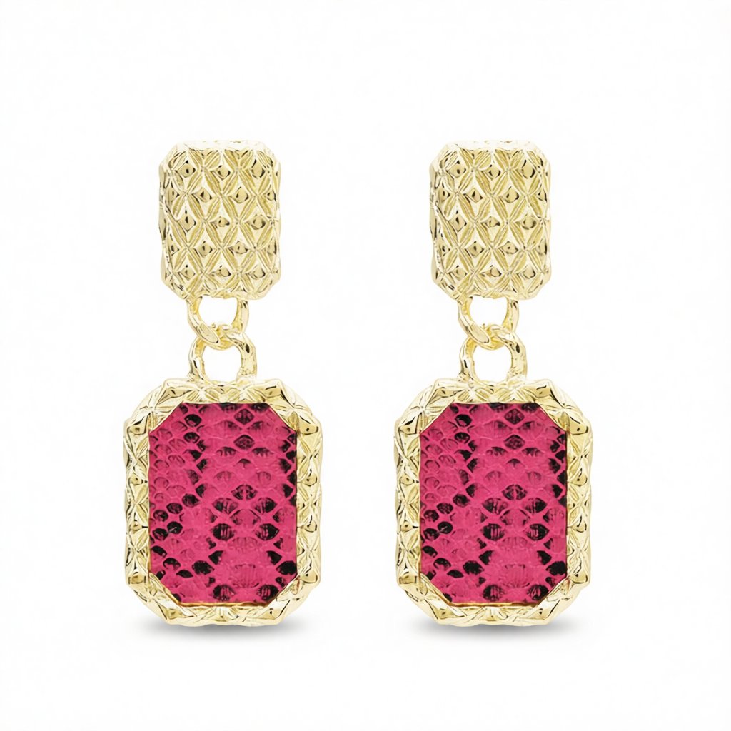 Gold-Plated and Rose Snake-Print Square Drop Earrings, gold drop earrings for women, elegant gift for her, side view
