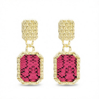 Gold-Plated and Rose Snake-Print Square Drop Earrings, gold drop earrings for women, elegant gift for her, side view