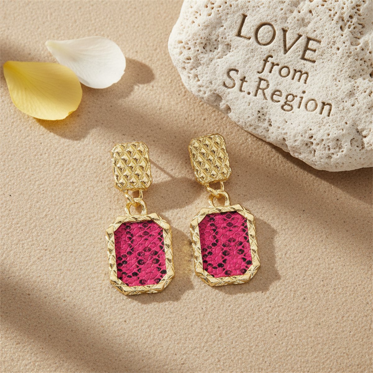 Gold-Plated and Rose Snake-Print Square Drop Earrings, gold drop earrings for women, elegant gift for her, lifestyle look