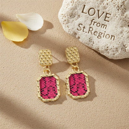 Gold-Plated and Rose Snake-Print Square Drop Earrings, gold drop earrings for women, elegant gift for her, lifestyle look