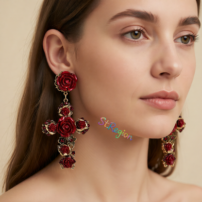 Red Resin & Cubic Zirconia Rose Cross Drop Earrings