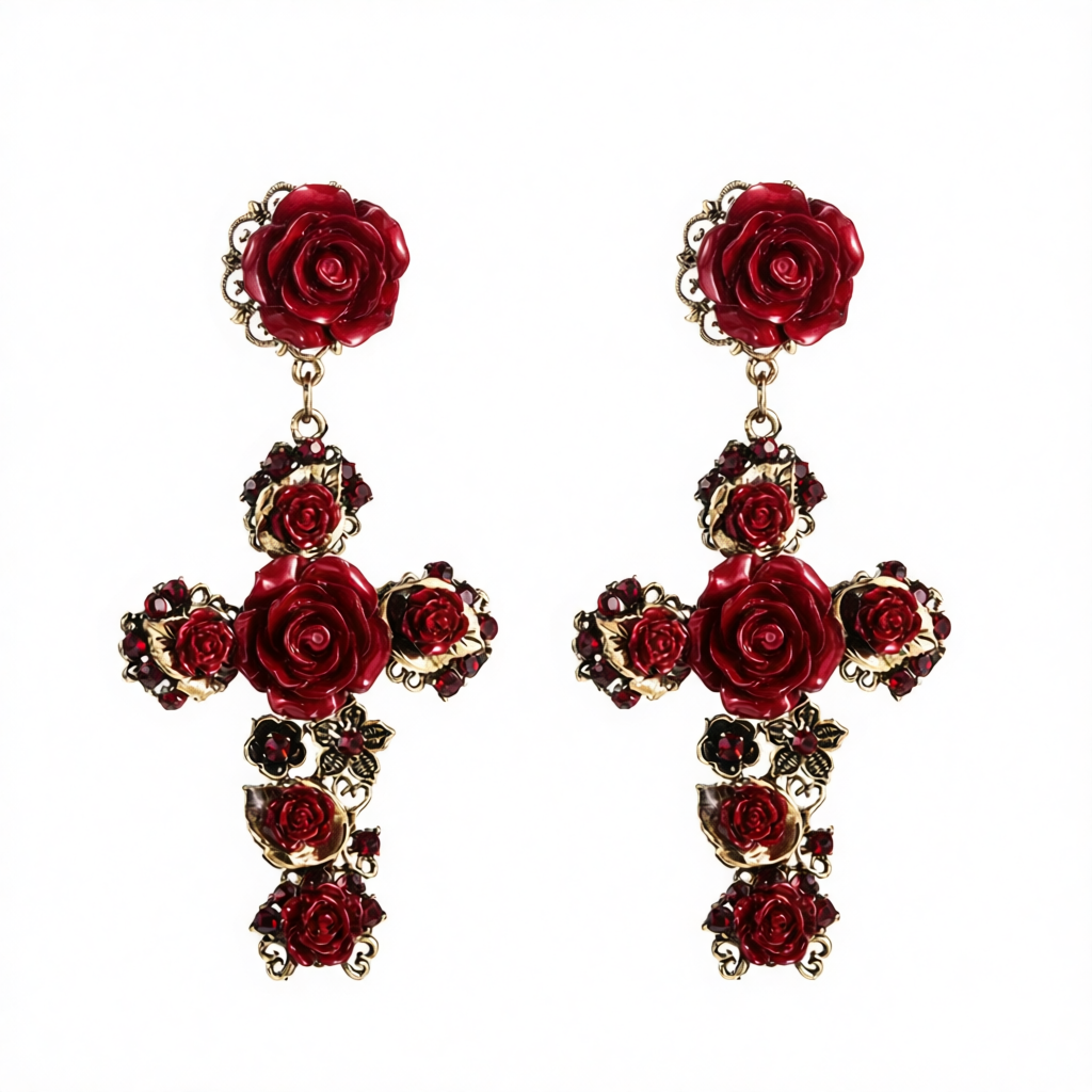Red Resin & Cubic Zirconia Rose Cross Drop Earrings