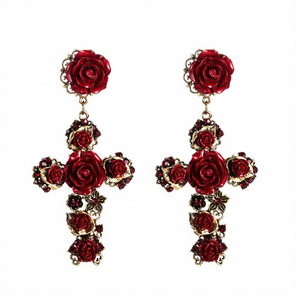 Red Resin & Cubic Zirconia Rose Cross Drop Earrings