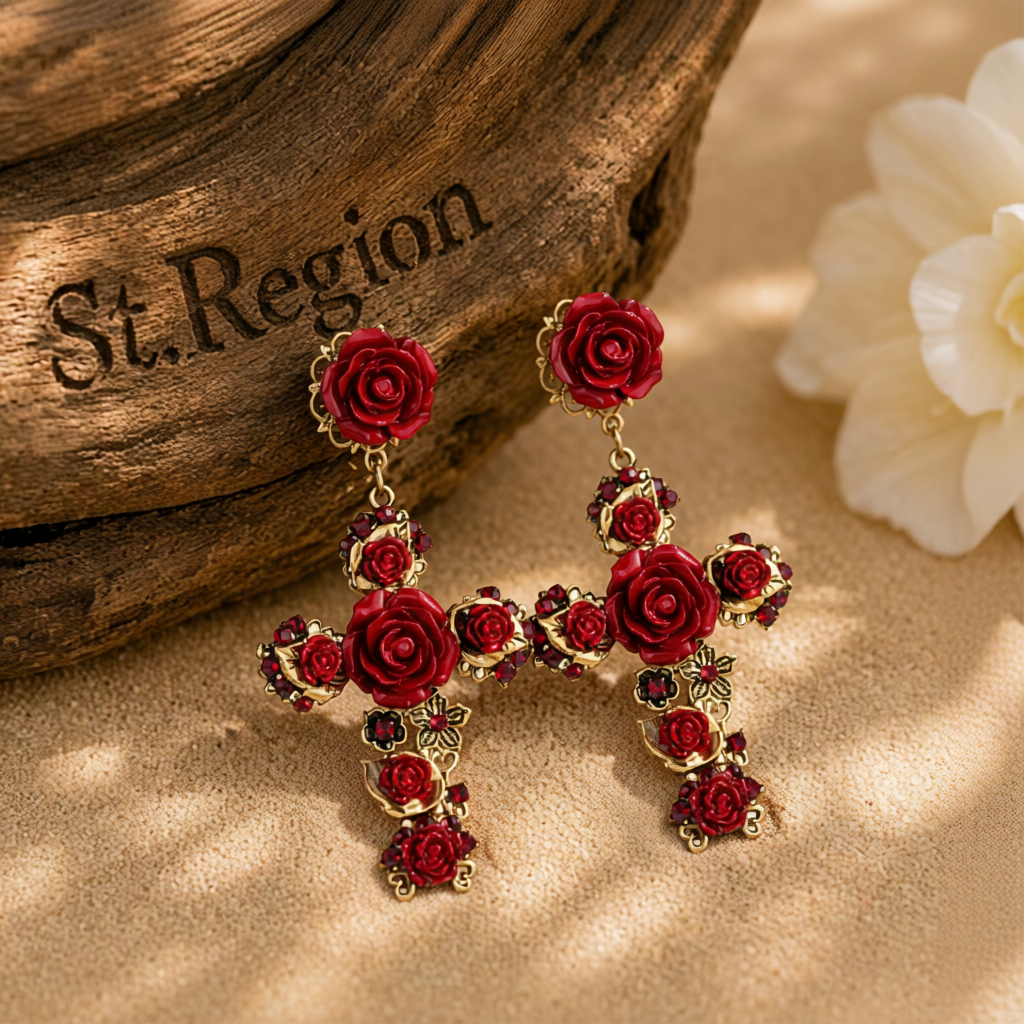 Red Resin & Cubic Zirconia Rose Cross Drop Earrings