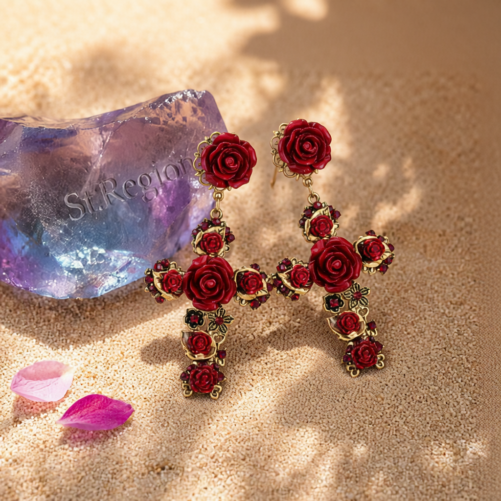 Red Resin & Cubic Zirconia Rose Cross Drop Earrings