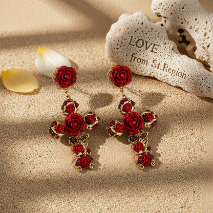 Red Resin & Cubic Zirconia Rose Cross Drop Earrings