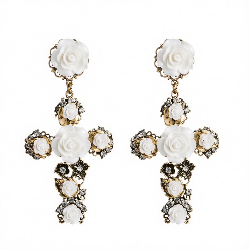 White Resin & Cubic Zirconia Rose Cross Drop Earrings