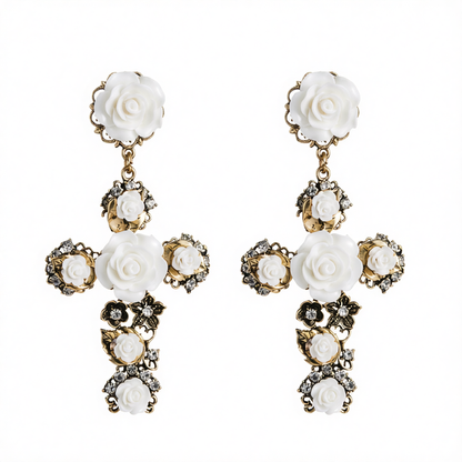 White Resin & Cubic Zirconia Rose Cross Drop Earrings