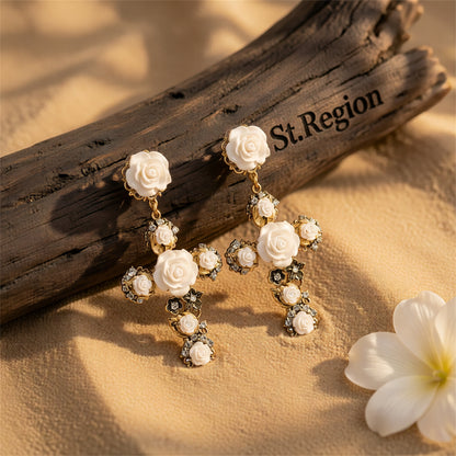 White Resin & Cubic Zirconia Rose Cross Drop Earrings