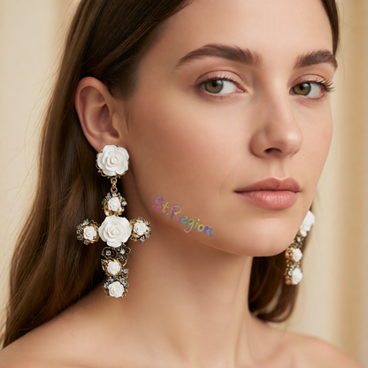 White Resin & Cubic Zirconia Rose Cross Drop Earrings