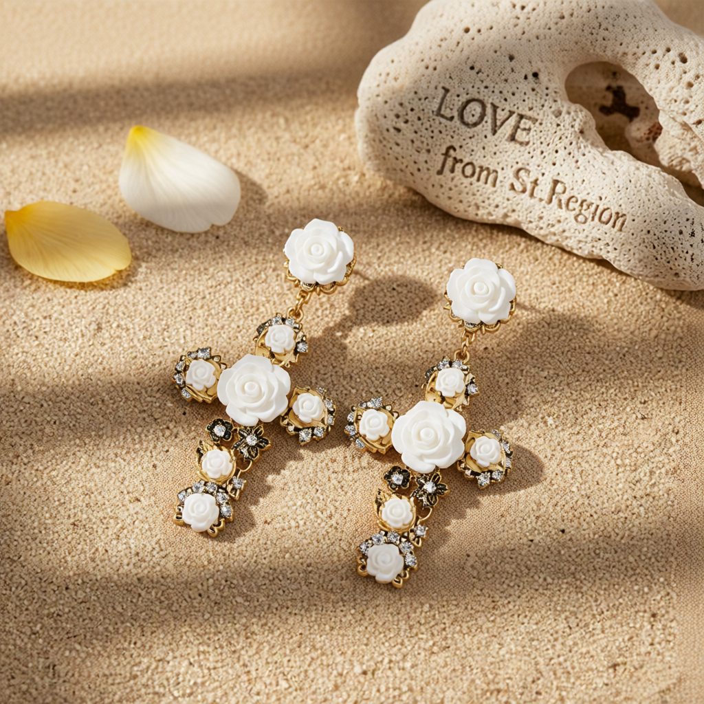White Resin & Cubic Zirconia Rose Cross Drop Earrings