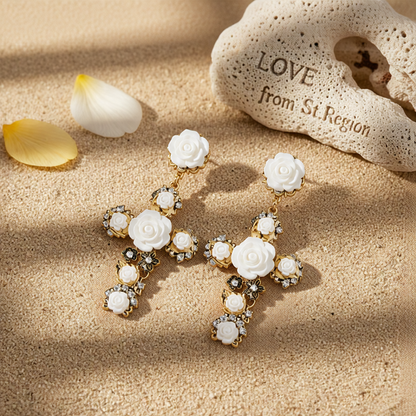 White Resin & Cubic Zirconia Rose Cross Drop Earrings