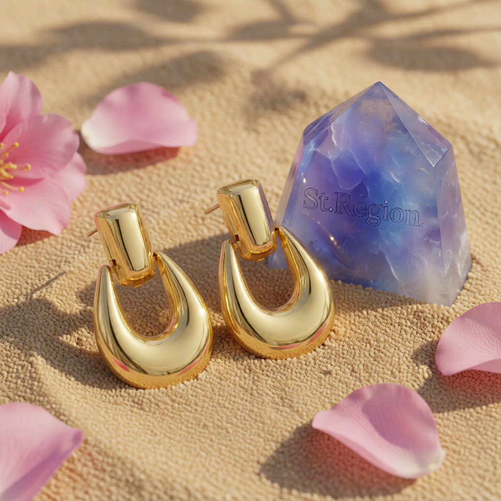 18K Gold-Plated Door Catch Drop Earrings, gold drop earrings for women, botanical inspired, detail close-up