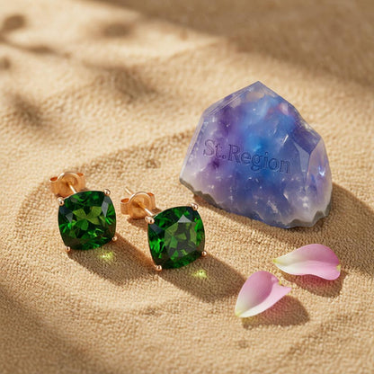 Green Crystal and 18K Rose Gold-Plated Square Stud Earrings, cubic zirconia stud earrings for women, detail close-up