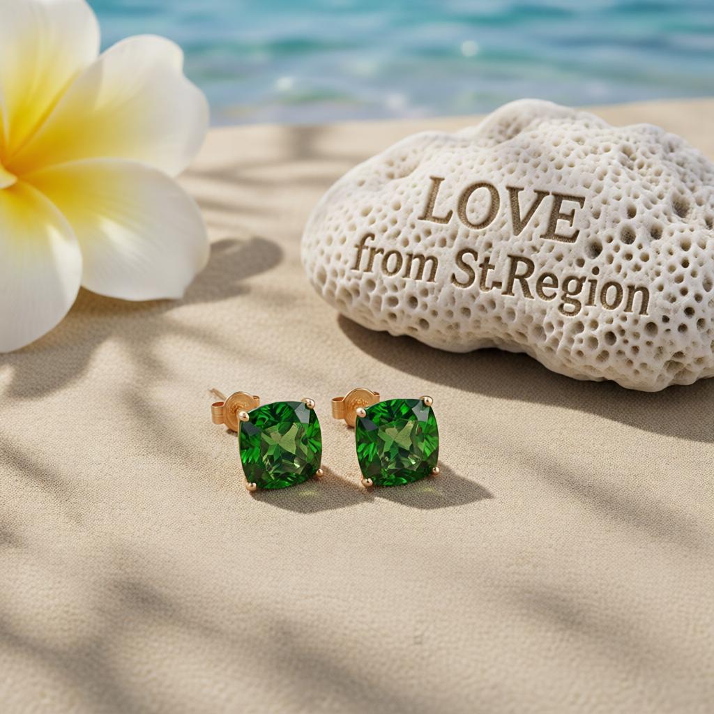 Green Crystal and 18K Rose Gold-Plated Square Stud Earrings, cubic zirconia stud earrings for women, lifestyle look