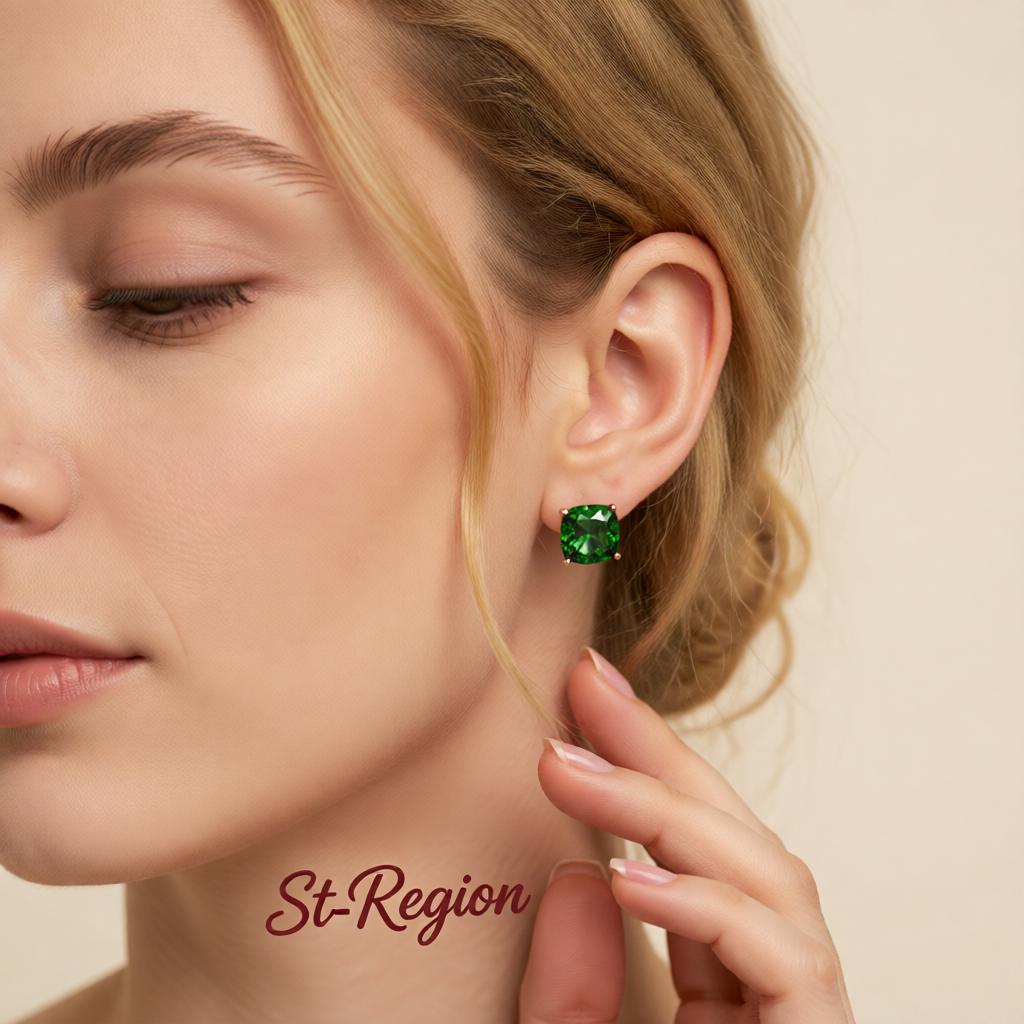 Green Crystal and 18K Rose Gold-Plated Square Stud Earrings, cubic zirconia stud earrings for women, styled look