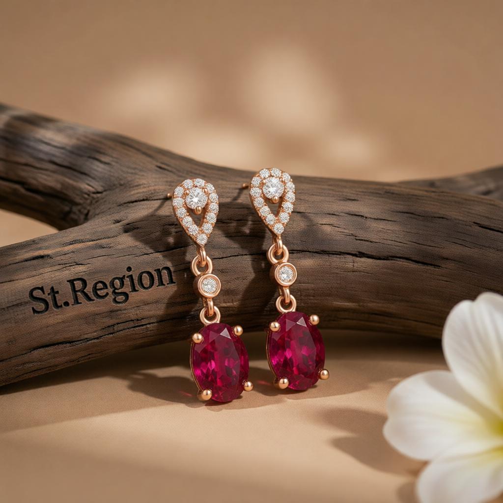 Red and White Cubic Zirconia Oval Drop Earrings, drop earrings for women, everyday style, front view