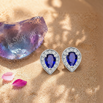 Blue Crystal & Cubic Zirconia Silver-Plated Pear Halo Stud Earrings