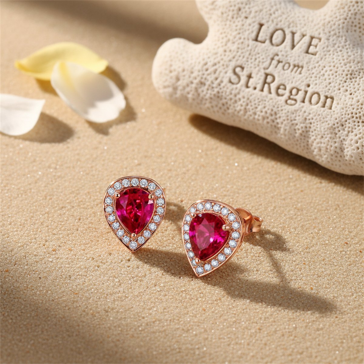 Red Crystal and Cubic Zirconia 18K Rose Gold-Plated Pear Halo Stud Earrings, rose gold stud earrings for..., lifestyle look