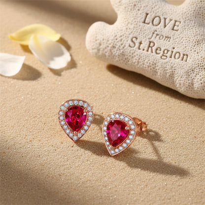 Red Crystal and Cubic Zirconia 18K Rose Gold-Plated Pear Halo Stud Earrings, rose gold stud earrings for..., lifestyle look