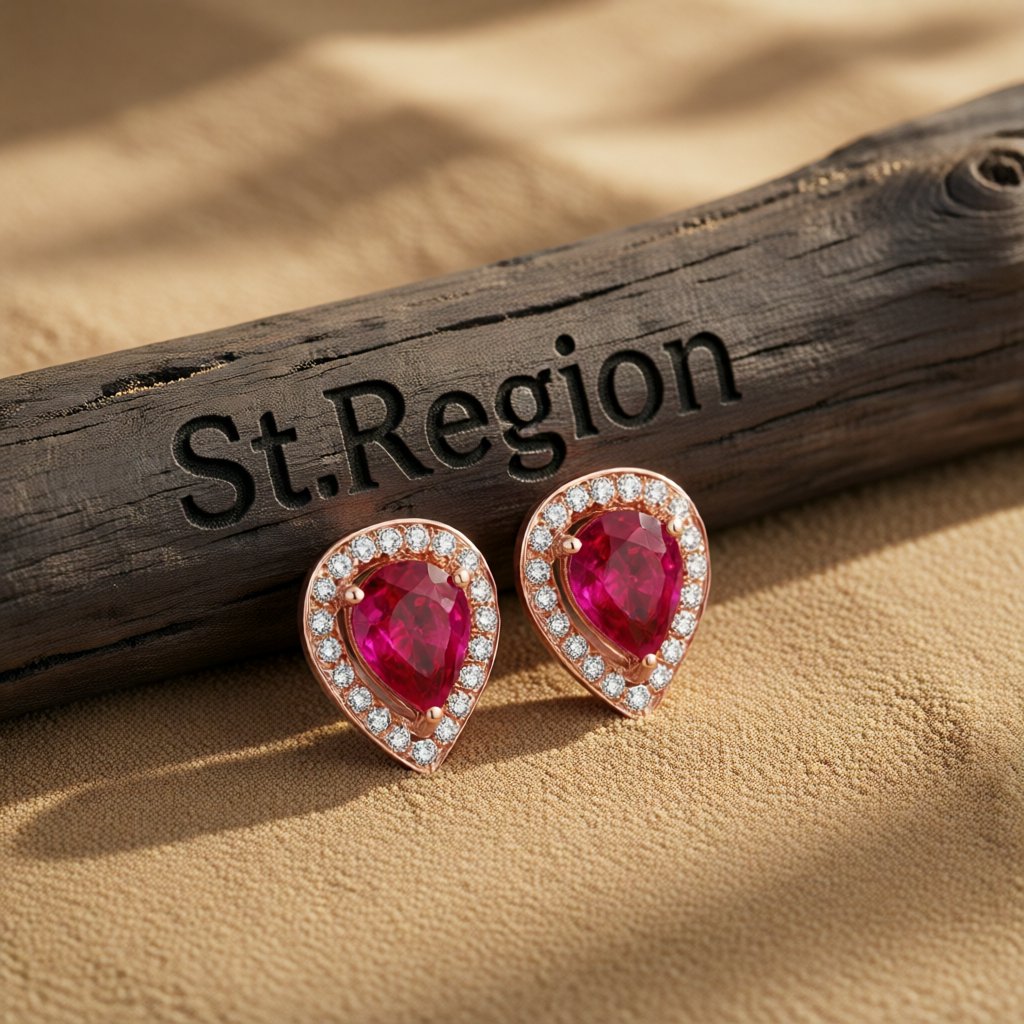 Red Crystal and Cubic Zirconia 18K Rose Gold-Plated Pear Halo Stud Earrings, rose gold stud earrings for women, front view