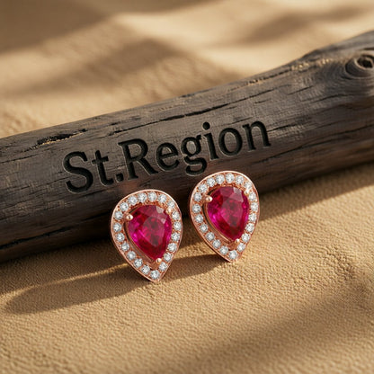 Red Crystal and Cubic Zirconia 18K Rose Gold-Plated Pear Halo Stud Earrings, rose gold stud earrings for women, front view