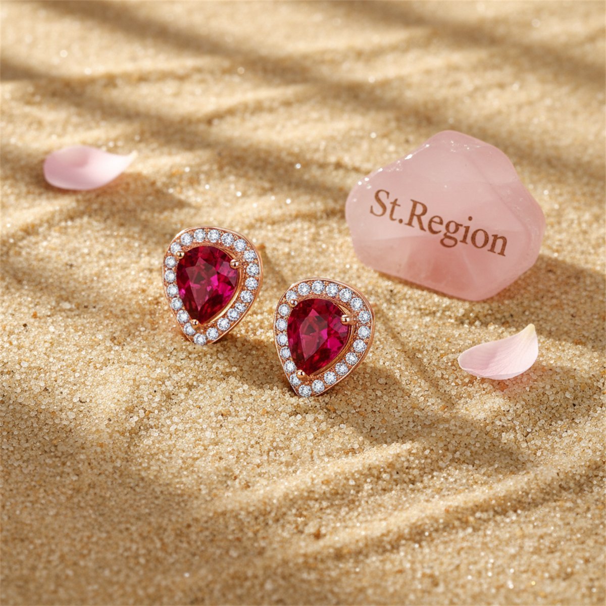 Red Crystal and Cubic Zirconia 18K Rose Gold-Plated Pear Halo Stud Earrings, rose gold stud earrings for..., detail close-up