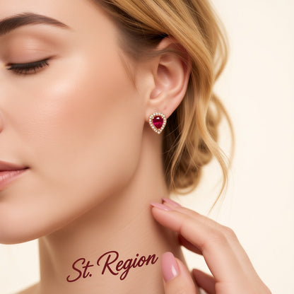 Red Crystal and Cubic Zirconia 18K Rose Gold-Plated Pear Halo Stud Earrings, rose gold stud earrings for women, styled look