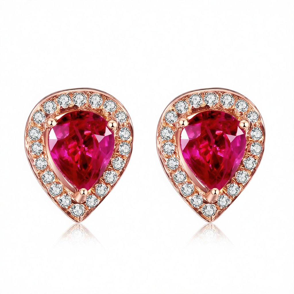 Red Crystal and Cubic Zirconia 18K Rose Gold-Plated Pear Halo Stud Earrings, rose gold stud earrings for women, side view