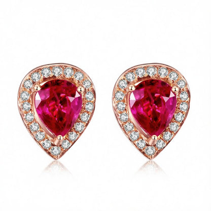 Red Crystal and Cubic Zirconia 18K Rose Gold-Plated Pear Halo Stud Earrings, rose gold stud earrings for women, side view