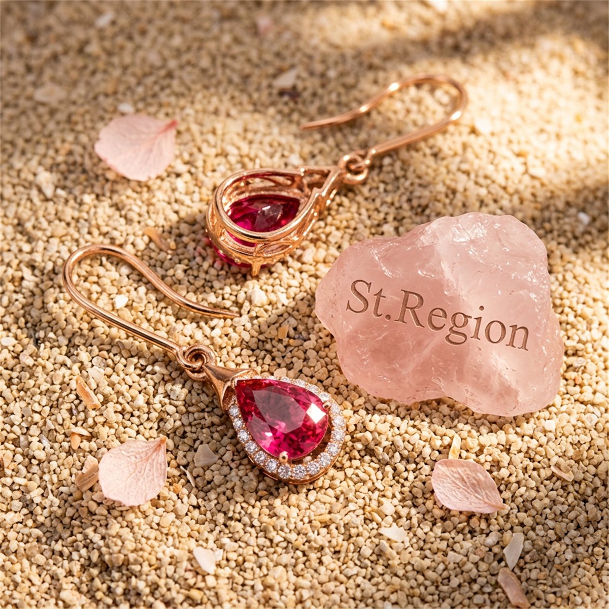Red Crystal and Cubic Zirconia 18K Rose Gold-Plated Halo Teardrop Earrings, rose gold drop earrings for..., detail close-up