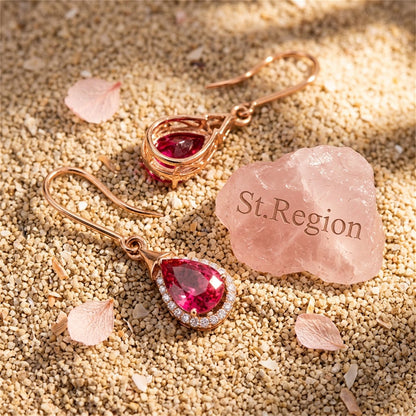 Red Crystal and Cubic Zirconia 18K Rose Gold-Plated Halo Teardrop Earrings, rose gold drop earrings for..., detail close-up