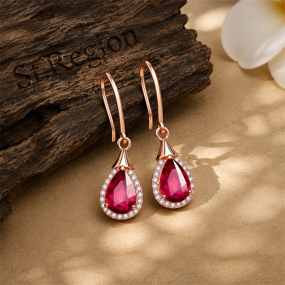 Red Crystal and Cubic Zirconia 18K Rose Gold-Plated Halo Teardrop Earrings, rose gold drop earrings for women, front view