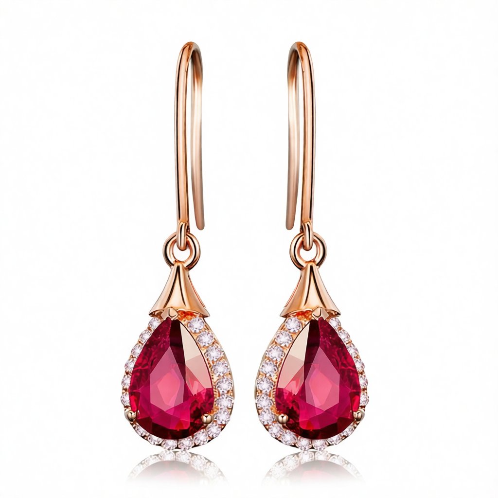 Red Crystal and Cubic Zirconia 18K Rose Gold-Plated Halo Teardrop Earrings, rose gold drop earrings for women, side view