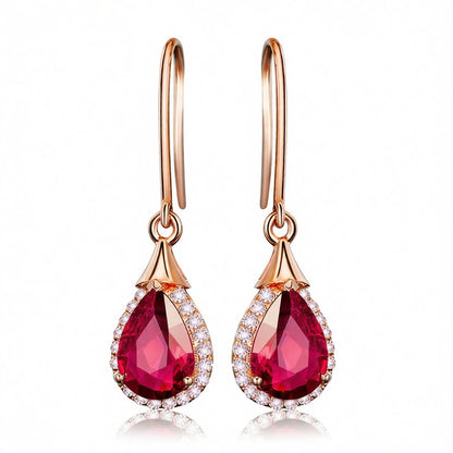 Red Crystal and Cubic Zirconia 18K Rose Gold-Plated Halo Teardrop Earrings, rose gold drop earrings for women, side view