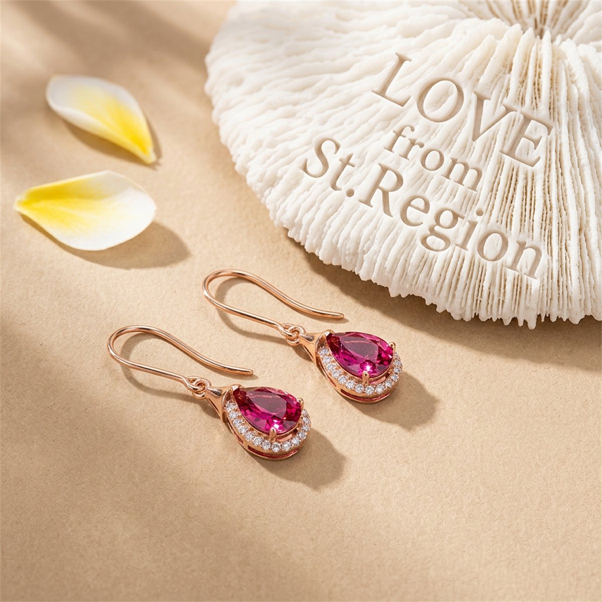 Red Crystal and Cubic Zirconia 18K Rose Gold-Plated Halo Teardrop Earrings, rose gold drop earrings for women, lifestyle look