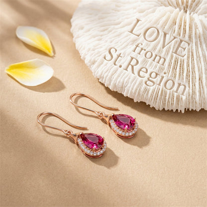 Red Crystal and Cubic Zirconia 18K Rose Gold-Plated Halo Teardrop Earrings, rose gold drop earrings for women, lifestyle look
