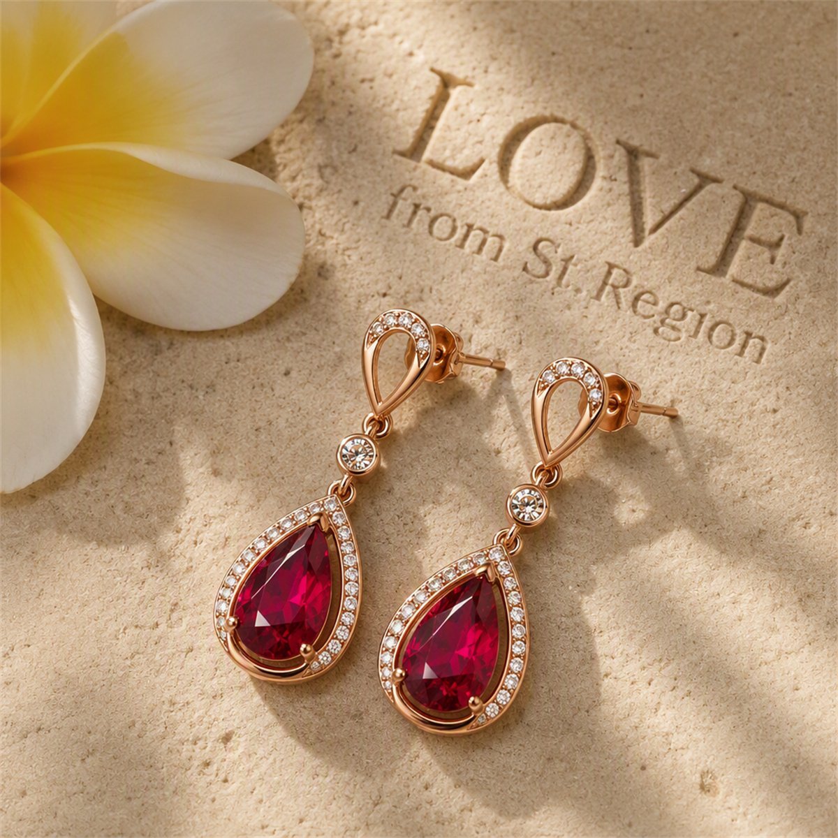 Red Crystal and Cubic Zirconia 18K Rose Gold-Plated Halo Pear Drop Earrings, rose gold drop earrings for..., lifestyle look