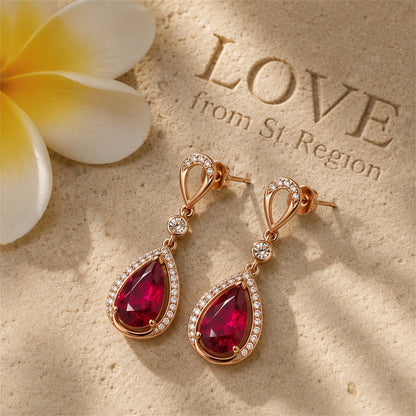 Red Crystal and Cubic Zirconia 18K Rose Gold-Plated Halo Pear Drop Earrings, rose gold drop earrings for..., lifestyle look